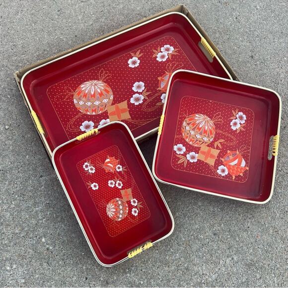 Vintage Toyo Japan Laquerware Nesting Tray Set 3 Maroon Metallic Oriental in box - Picture 1 of 5